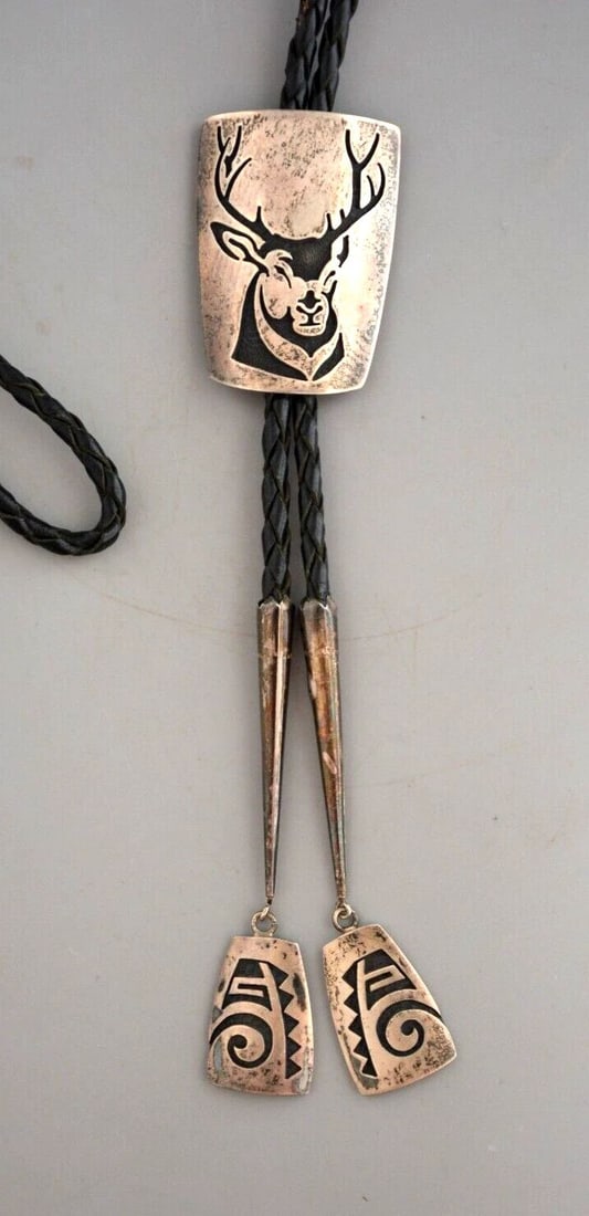 MICAHEL SOCKYMA SR. (1942-) VINTAGE HOPI PUEBLO INDIAN S.SILVER BOLO TIE - ELK (1 of 2)
