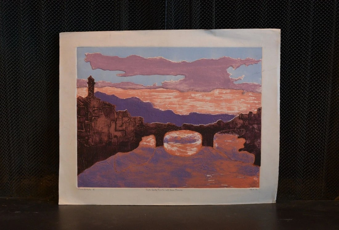 TOM WARD - RAISED RELIEF WOOD BLOCK PRINT - BRIDGE SANTA TRINITA FLORENCE ITALY (1 of 1)