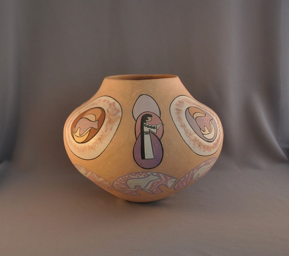 VTG HAND COILED OLLA PUEBLO POT MICACEOUS CLAY - BEAR AND MAIDEN SYMBOLS SIGNED (1 of 1)