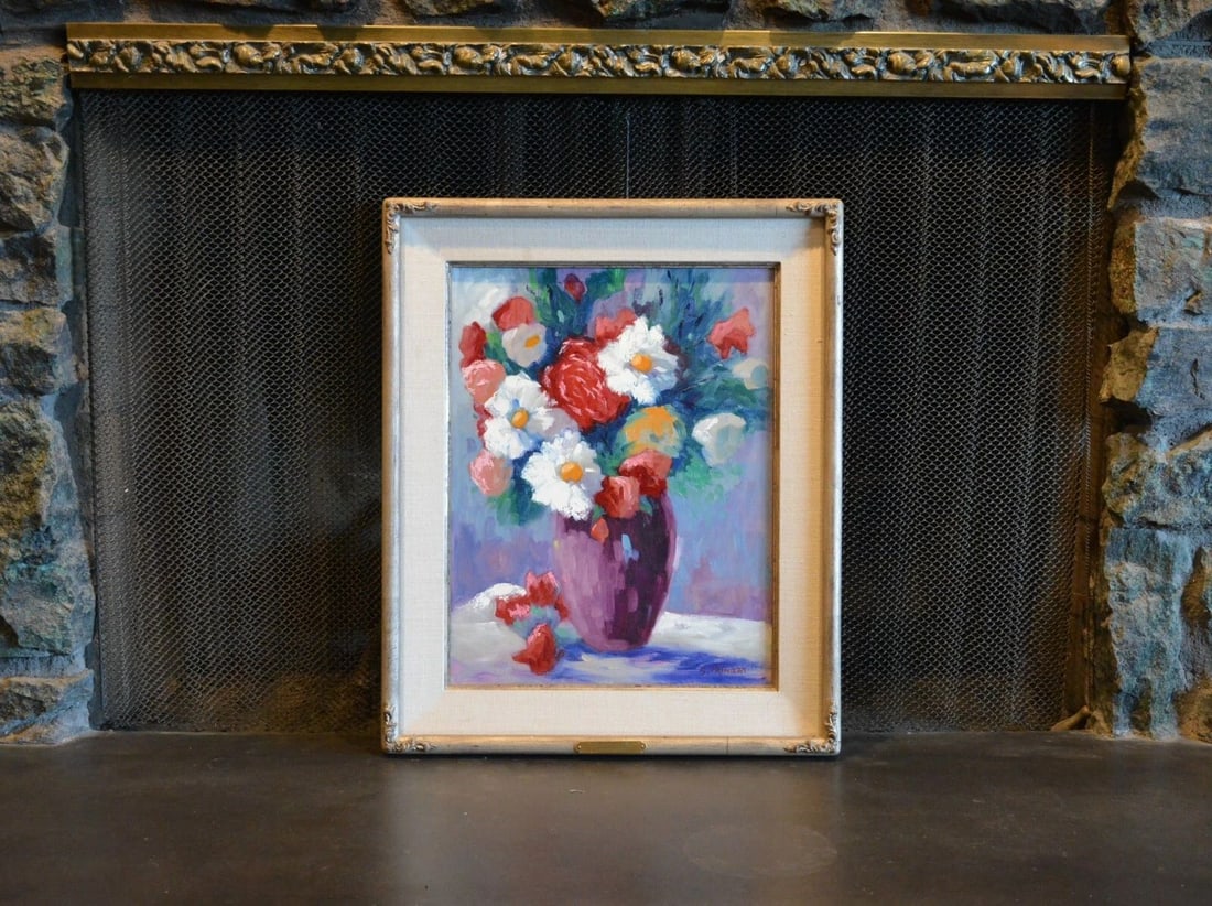 SAM PALMIERI (1932-) STILL LIFE OIL PAINTING - SUMMER FLOWERS IN VASE - ROSES (1 of 2)