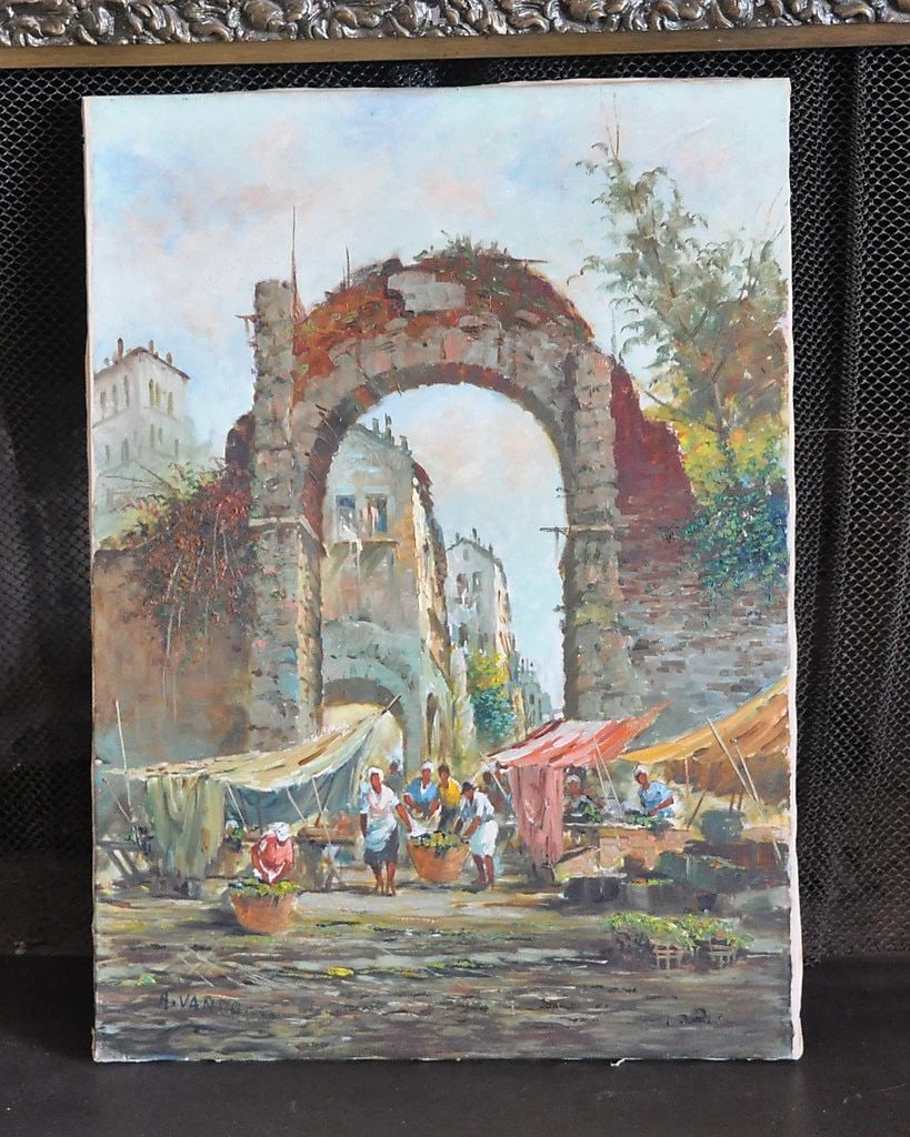 ACERVI VANDO (1906-) OIL PAINTING - PIAZZA DI CAMPO FIORI - MARKET ROME ITALY (1 of 2)