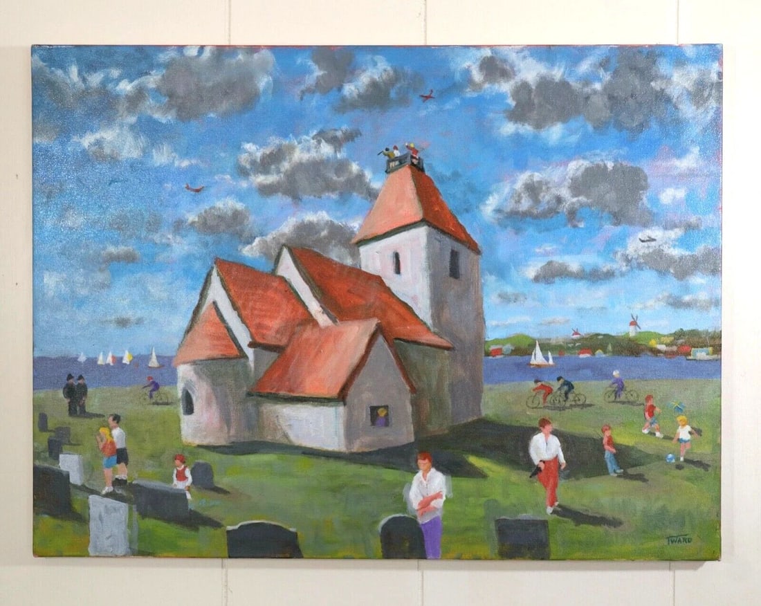TOM WARD - OIL PAINTING - VISINGO ISLAND SWEDEN - LAKE VATTERN- KUMLABY CHURCH (1 of 1)