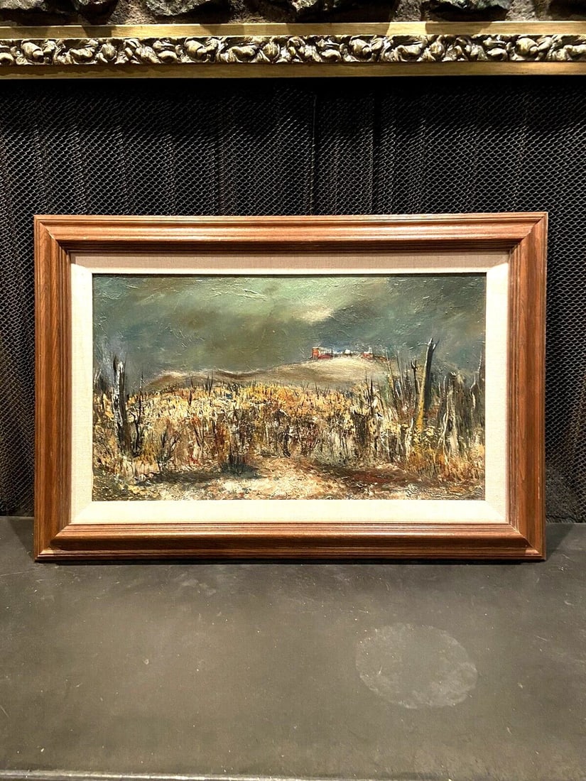 VINTAGE LANDSCAPE OIL PAINTING - CITY ON A HILL UNDER STORMY SKIES - MID CENTURY (1 of 1)