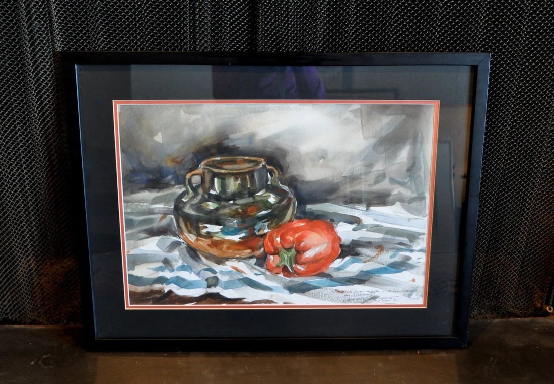 FRAMED STILL LIFE WATERCOLOR PAINTING RED PEPPER & POT - MEXICO - GOMEZ SAUCEDO: FRAMED STILL LIFE WATERCOLOR PAINTING RED PEPPER & POT - MEXICO - GOMEZ SAUCEDO Item Description: This watercolor still life painting was done by Mexican artist Gomez Saucedo. It shows a black pot and