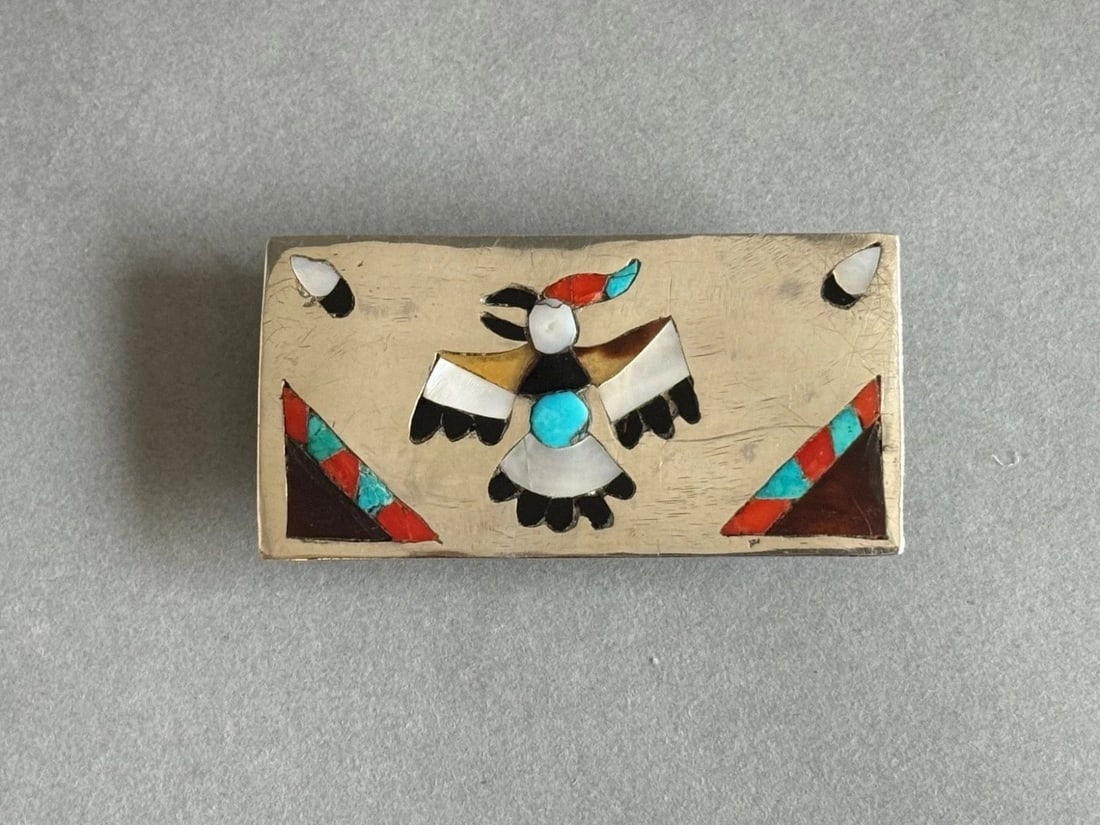 RARE OLD PAWN ZUNI STERLING SILVER INLAY BELT BUCKLE - HOPI BIRD - 2 3/8" (1 of 2)