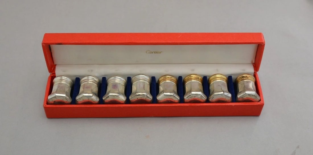 CARTIER SILVER SALT PEPPER SHAKERS - SET OF 8 - ORIGINAL BOX - 4 GOLD PLATED LID (1 of 2)