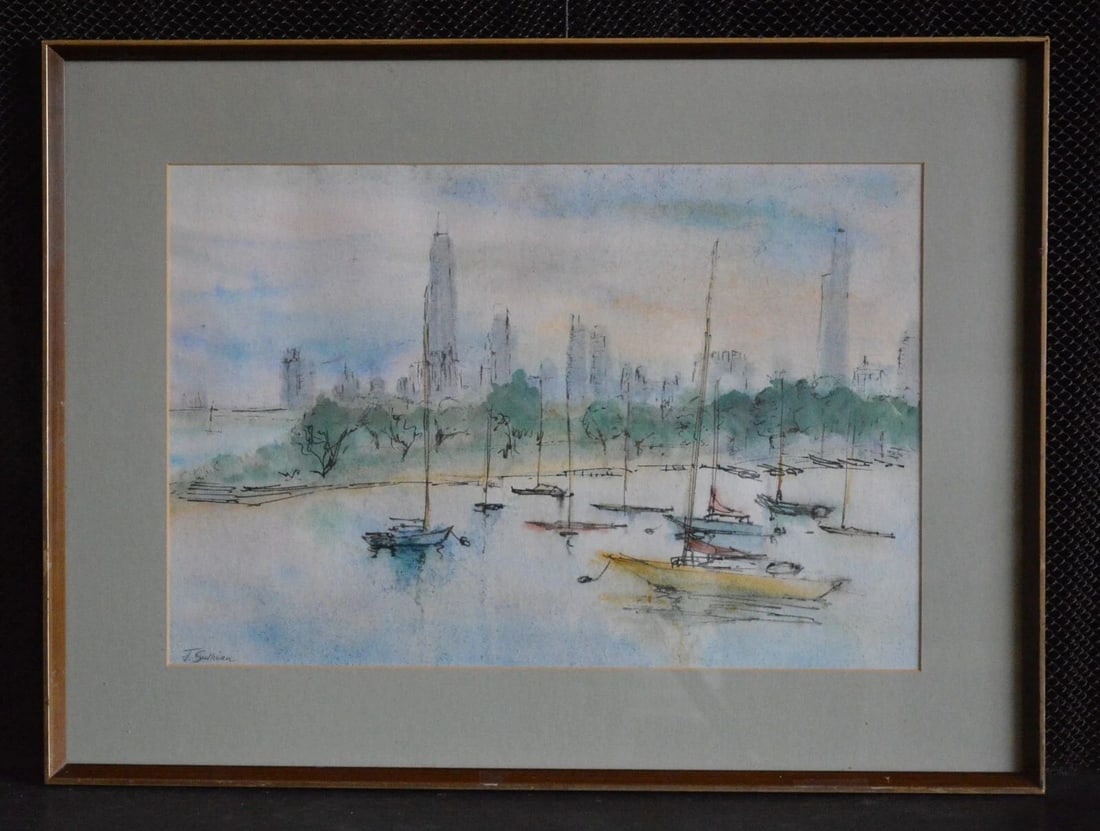 J. SULLIVAN - WATERCOLOR PAINTING - SAILBOATS CITY SCAPE - MONROE HARBOR CHICAGO (1 of 1)