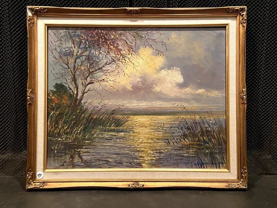 VINTAGE ANTIQUE LANDSCAPE OIL PAINTING - COASTAL SUNRISE SUNSET OVER LAKE (1 of 1)
