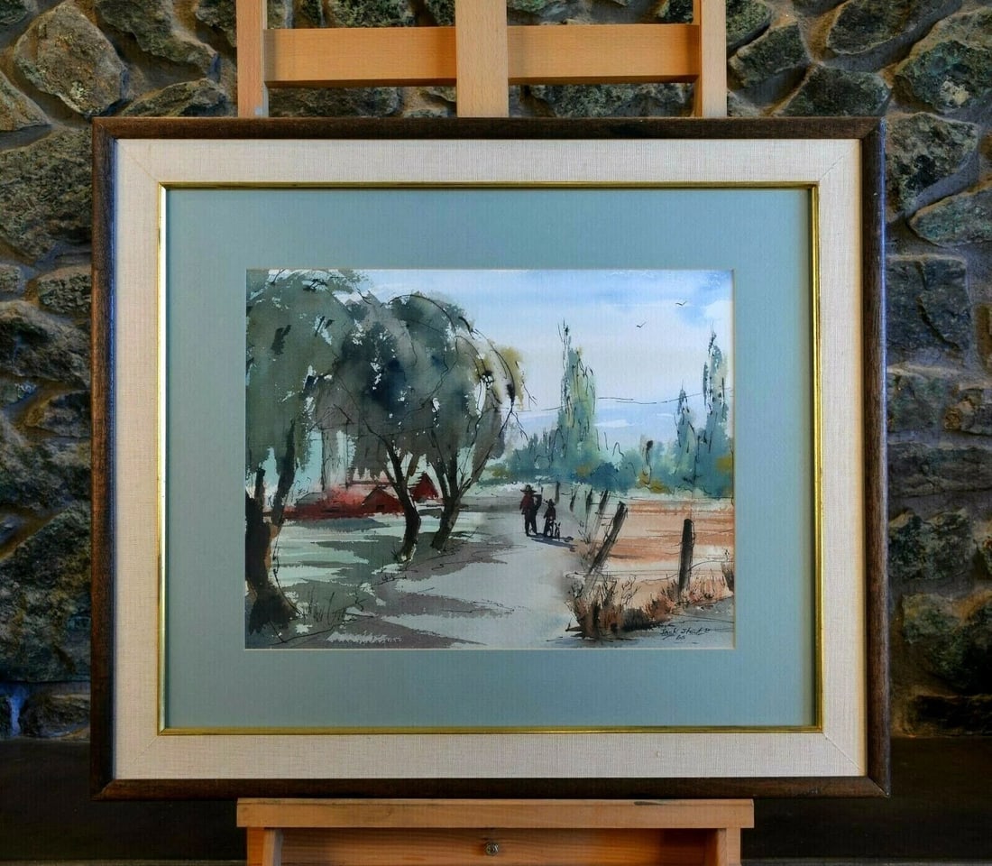 FRAMED WATERCOLOR PAINTING - FARM FIELDS - WHITTIER CALIF - JACK N. STOUT 1965 (1 of 2)