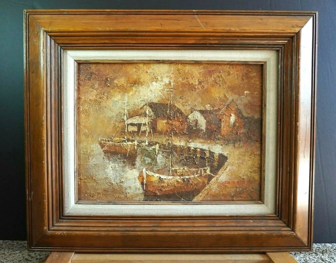 VTG. MID-CENTURY IMPRESSIONIST PAINTING FISHING BOATS HARBOR DONALD BARTON: VTG. MID-CENTURY IMPRESSIONIST PAINTING FISHING BOATS HARBOR DONALD BARTON Item Description: This mid-century painting speaks of its time with the paint thickly applied and an almost abstract composit