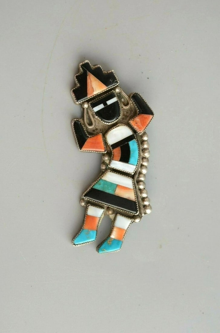 OLD PAWN ZUNI INDIAN STERLING SILVER INLAYED RAINBOW MAN PIN - 3" (1 of 2)