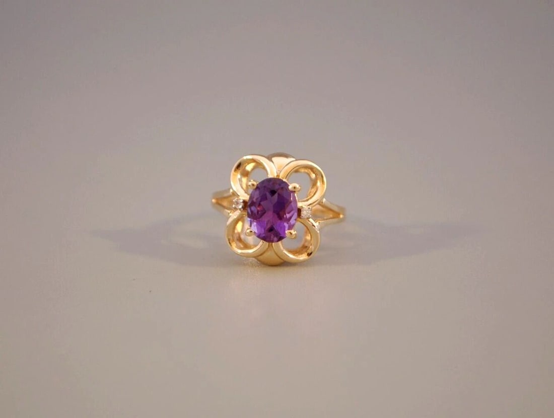 VINTAGE 14K SOLID GOLD NATURAL AMETHYST & DIAMOND RING - LARGE OVAL PURPLE GEM (1 of 2)