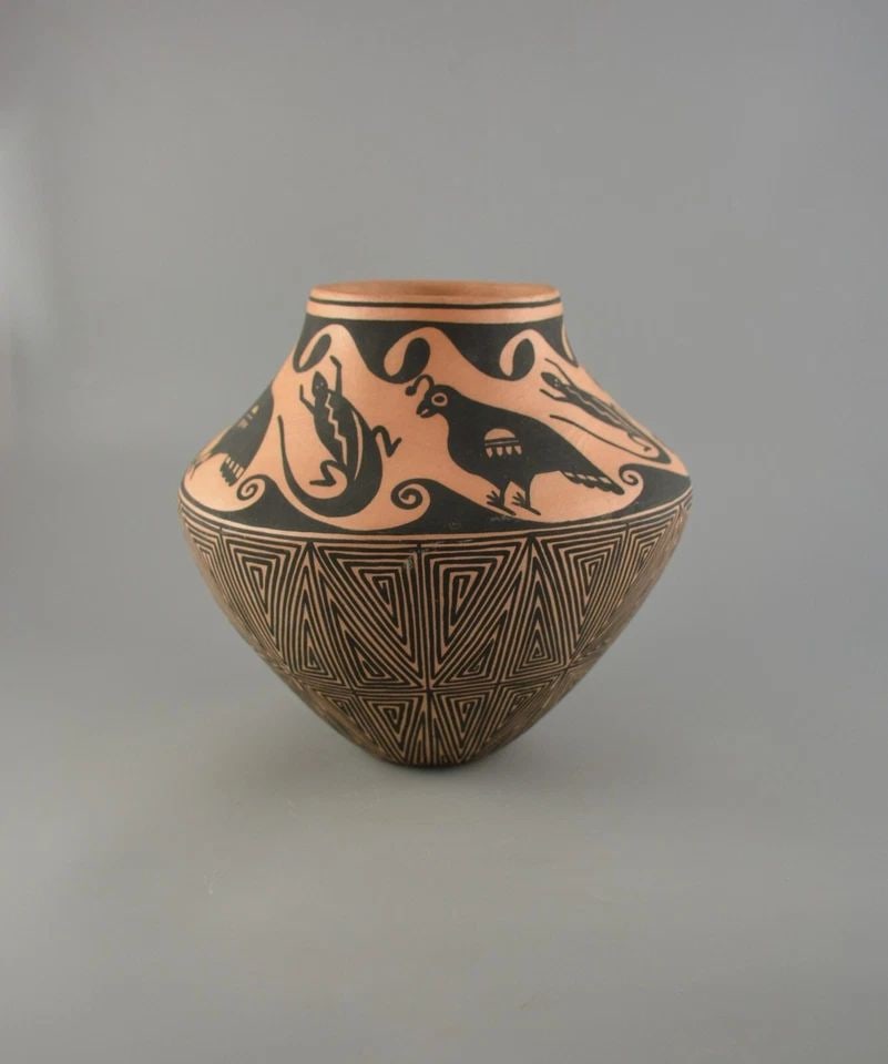 TINA GARCIA - FINE LINE ACOMA POT - QUAIL, LIZARDS, WATER SYMBOLS 8" (1 of 1)