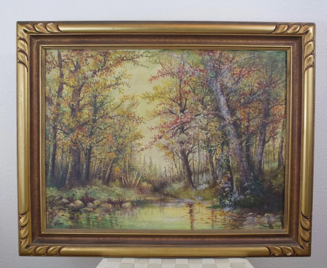 VINTAGE LANDSCAPE OIL PAINTING - IN THE WOODS ALONG A CREEK - FALL - LE BLOND (1 of 1)