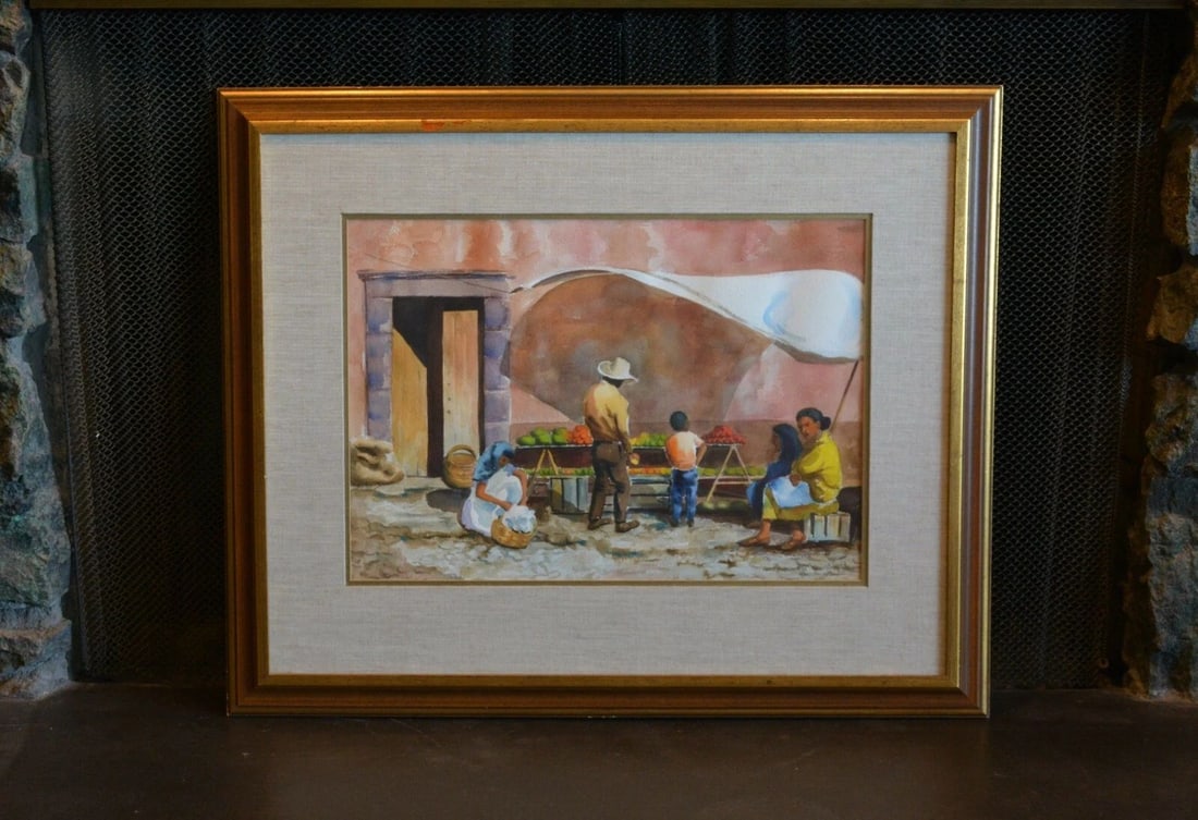 ALICE FARNSWORTH - WATERCOLOR PAINTING - MARKET DAY IN THE VILLAGE - MEXICO: ALICE FARNSWORTH - WATERCOLOR PAINTING - MARKET DAY IN THE VILLAGE - MEXICO Item Description: This vintage original watercolor painting shows two women sitting by their vegetable booth on a cobbleston
