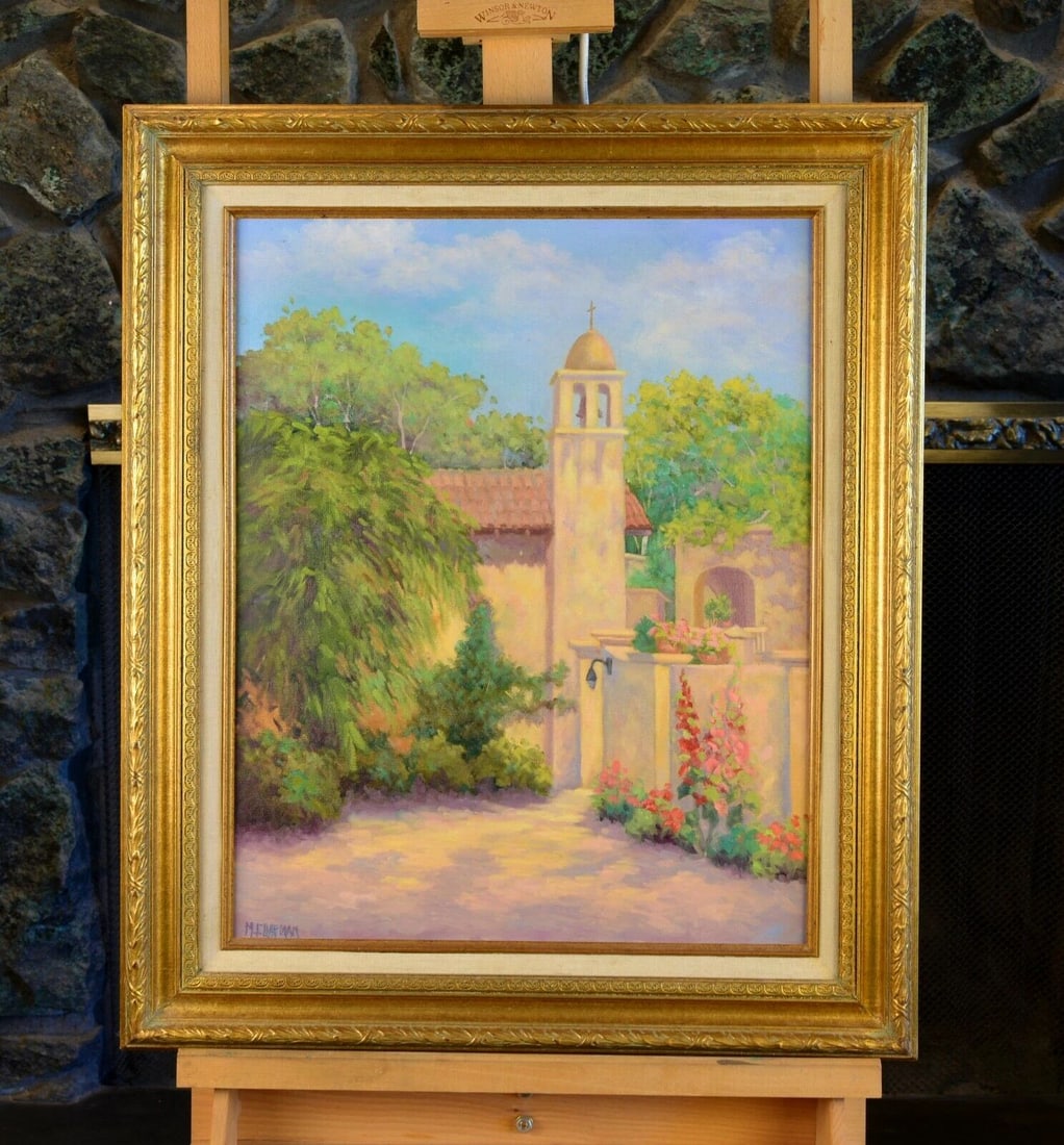 ORIGINAL PAINTING - MISSION ADOBE COURTYARD GARDEN IN SUMMER - M. CHAPMAN (1 of 2)