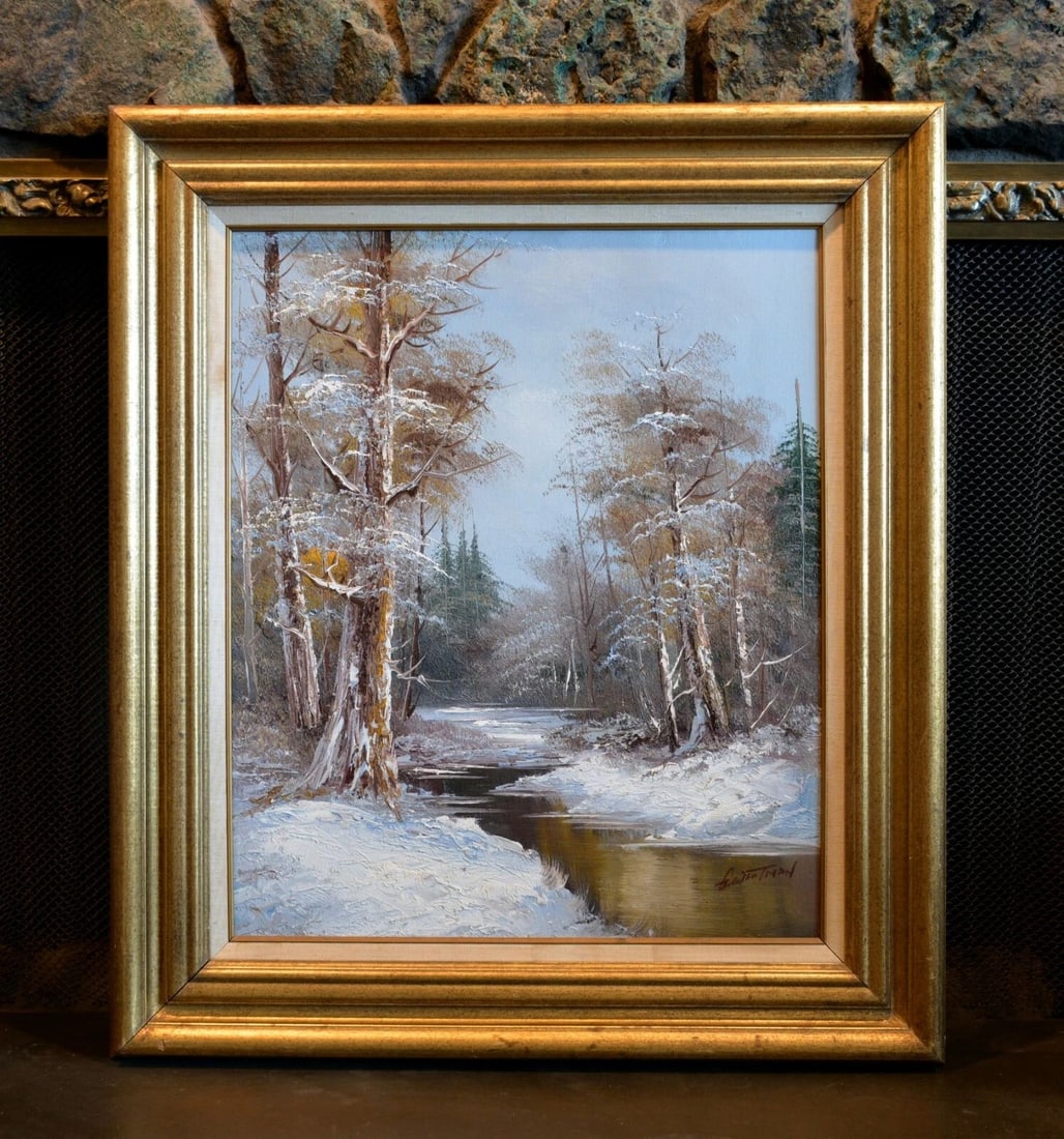 VTG OIL PAINTING - SNOWY RIVER FOREST LANDSCAPE - MICHIGAN ARTIST GORDON WHITMAN (1 of 2)