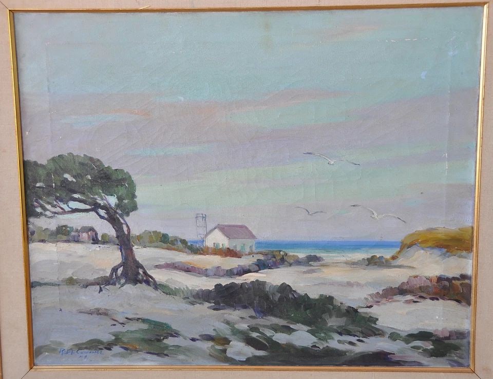 ROBERT CONNAVALE - OIL PAINTING SAND DUNES & SEAGULLS- CAPE HENRY VIRGINIA 1944 (1 of 1)
