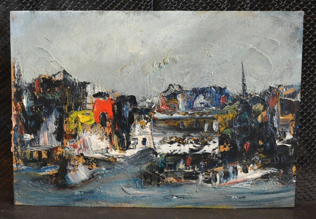 VINTAGE MID-CENTURY PAINTING - CITYSCAPE TOWN ON COAST THICKLY PAINTED PALETTE (1 of 2)
