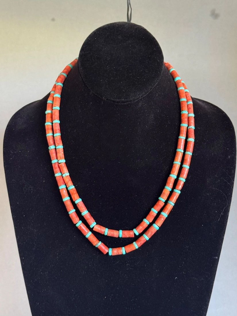 SANTO DOMINGO PUEBLO STERLING SILVER BRANCH CORAL AND TURQUOISE NECKLACE 19" (1 of 2)