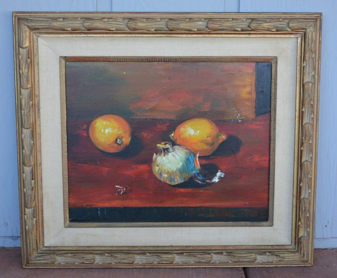VINTAGE STILL LIFE OIL PAINTING - LEMONS AND GARLIC - DEEP REDS YELLOWS (1 of 2)