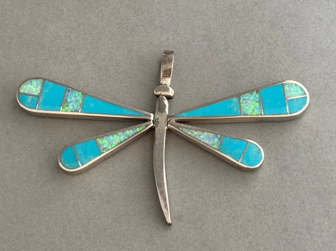 LARGE VINTAGE ZUNI STERLING SILVER W INLAID TURQUOISE AND OPAL DRAGONFLY PENDANT: LARGE VINTAGE ZUNI STERLING SILVER W INLAID TURQUOISE AND OPAL DRAGONFLY PENDANT Large Vintage Zuni Sterling Silver with Inlaid Turquoise and Opal Dragonfly Pendant. Signed J ..2" Tall x 3 3/8" Wide .