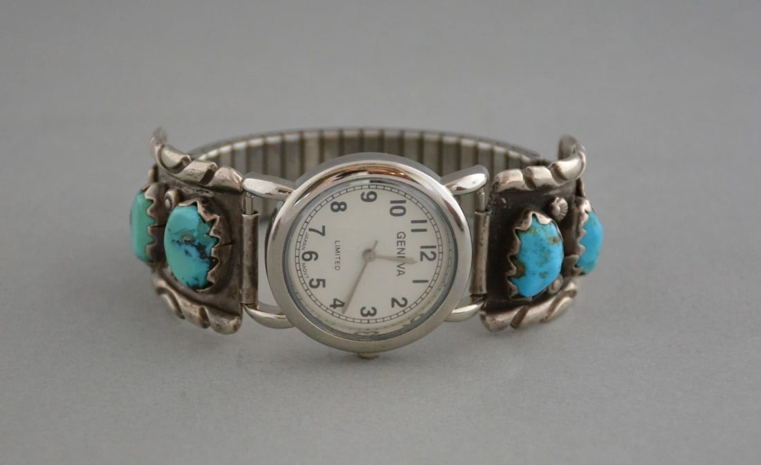 WAYNE CHEAMA - ZUNI HEAVY STERLING SILVER MEN'S WATCHBAND - 4 TURQUOISE STONES (1 of 2)