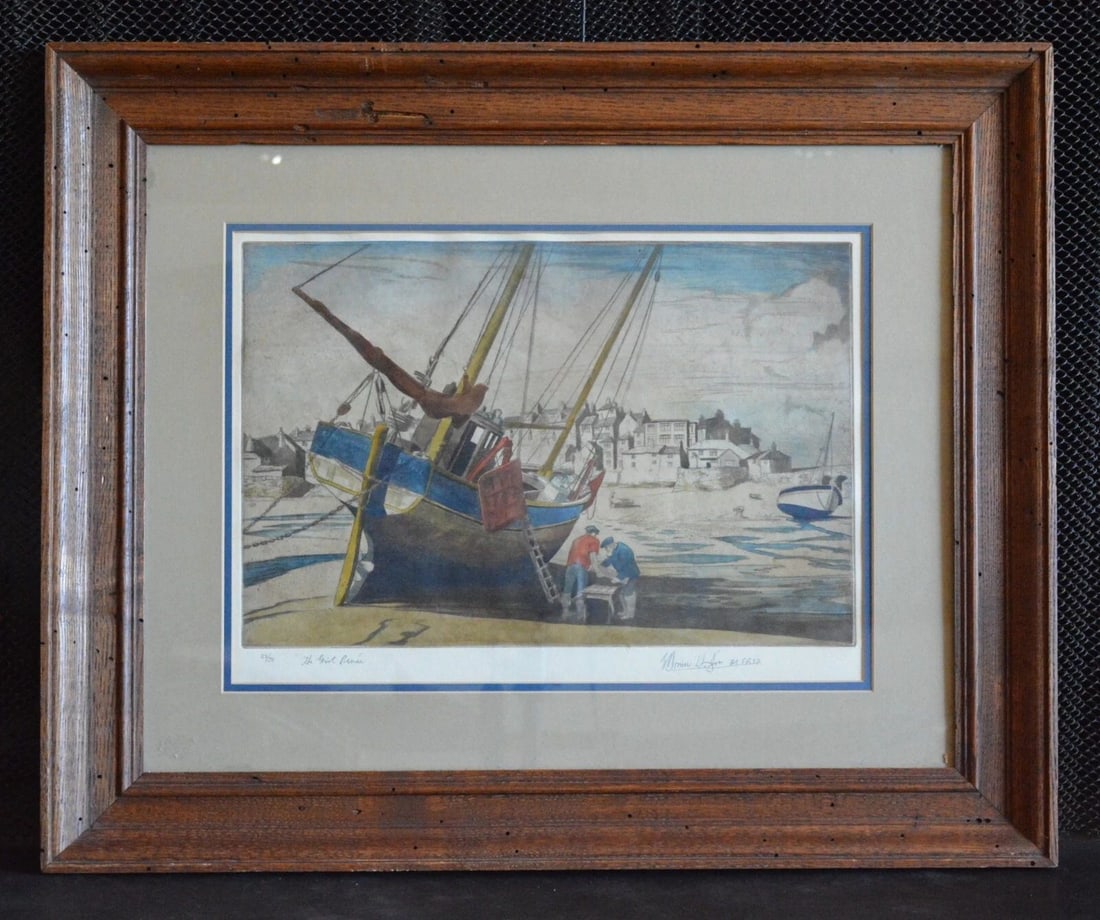 EDWARD BOUVIER HOYTON - HAND COLORED ETCHING PRINT - EARLY 1900S - CORNWALL SHIP (1 of 2)