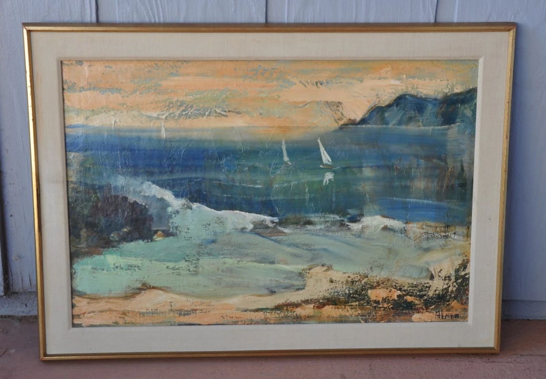 ALMA - VINTAGE COASTAL SEASCAPE PAINTING SAILBOATS BAY SOFT TEALS GREENS YELLOWS: ALMA - VINTAGE COASTAL SEASCAPE PAINTING SAILBOATS BAY SOFT TEALS GREENS YELLOWS Item Description: This coastal seascape has been painted in a unique range of teals and soft greens with warm yellow or
