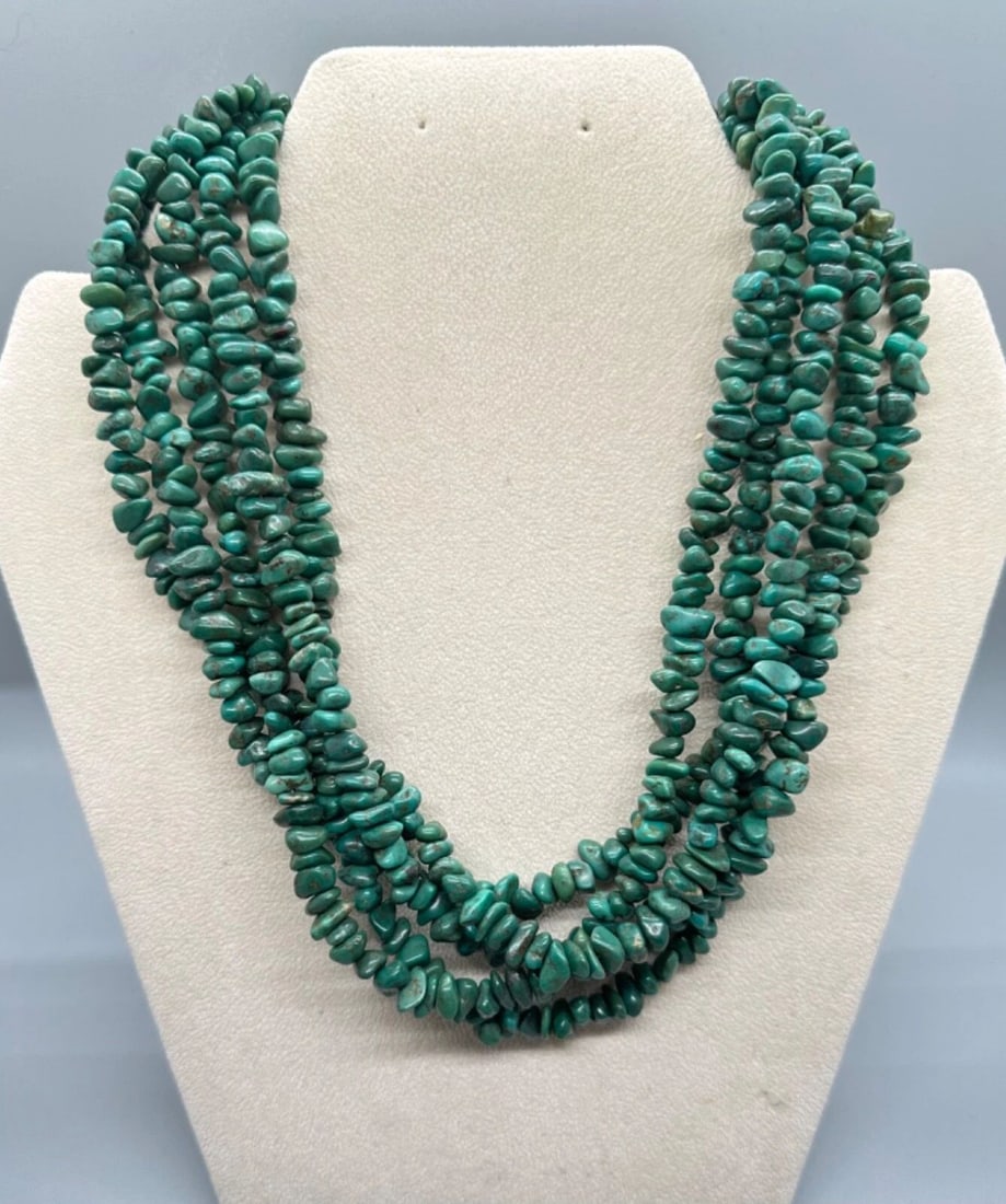 VINTAGE 5 STRAND TURQUOISE NAVAJO NECKLACE STERLING CLASP (1 of 1)