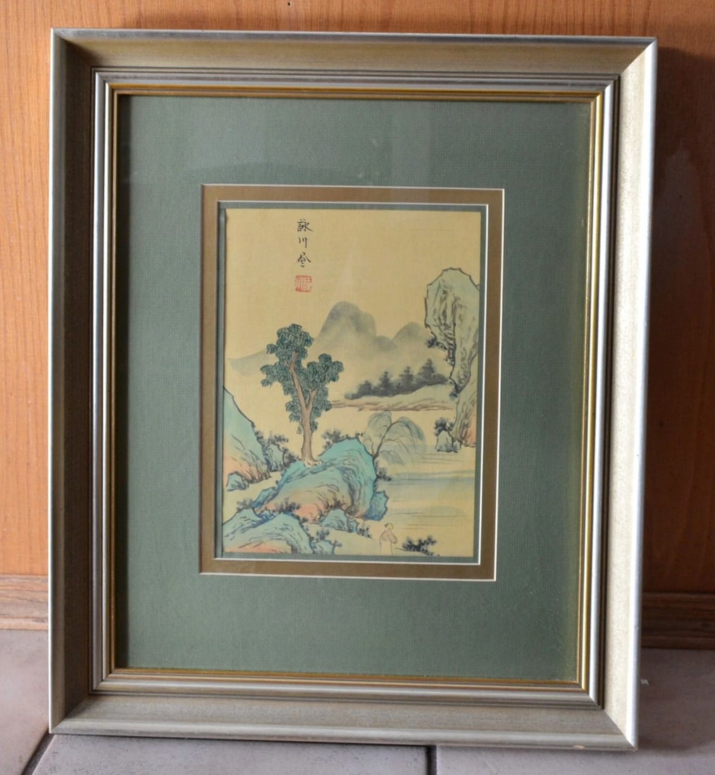OLD TRADITIONAL CHINESE LANDSCAPE WATERCOLOR PAINTING ON SILK - MOUNTAINS WATER: OLD TRADITIONAL CHINESE LANDSCAPE WATERCOLOR PAINTING ON SILK - MOUNTAINS WATER This Chinese landscape painting has been beautifully framed, triple matted and covered with glass. This is a classic tra