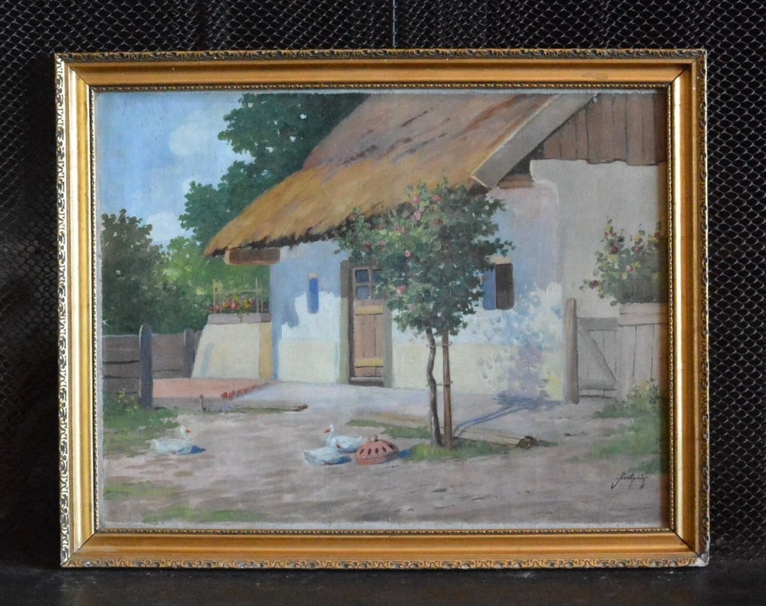 VINTAGE OIL PAINTING - EUROPEAN COTTAGE WITH THATCHED ROOF, ROSES, GEESE (1 of 2)