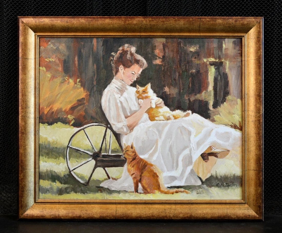 ORIGINAL OIL PAINTING - YOUNG WOMAN W. 2 TABBY CATS - SEDONA AZ HARRIET MCINNIS (1 of 1)