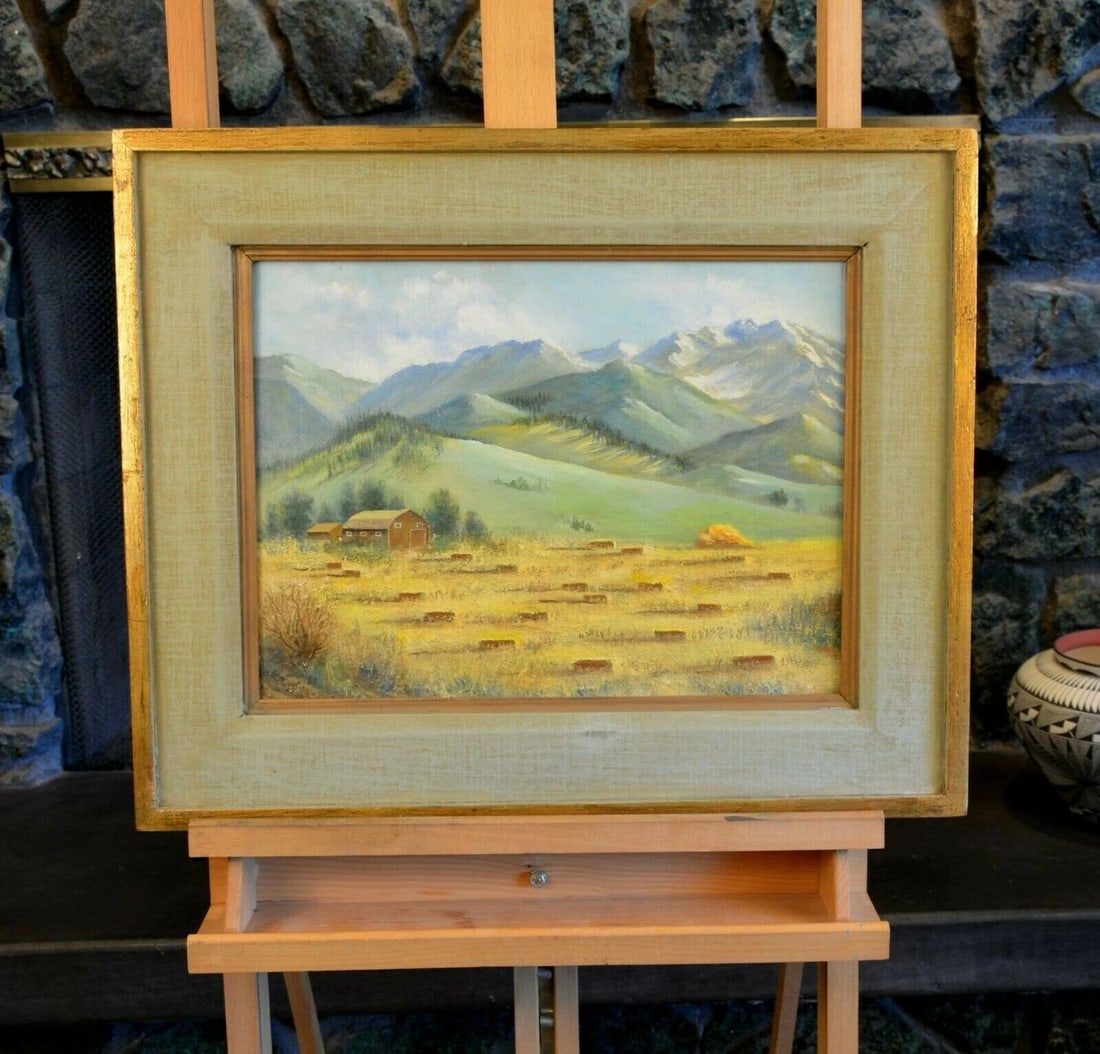 VINTAGE PAINTING - HARVESTED HAY FIELDS, BARN, MOUNTAINS - LANDSCAPE - F. MAY (1 of 2)