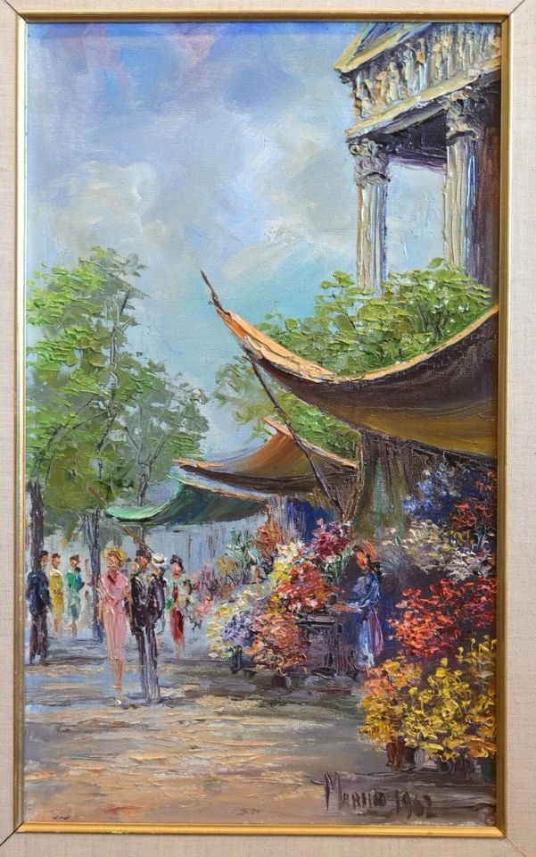 FRAMED COLORFUL VINTAGE PAINTING FRANCE FLOWER MARKET STREET SCENE - MARINO 1962 (1 of 1)