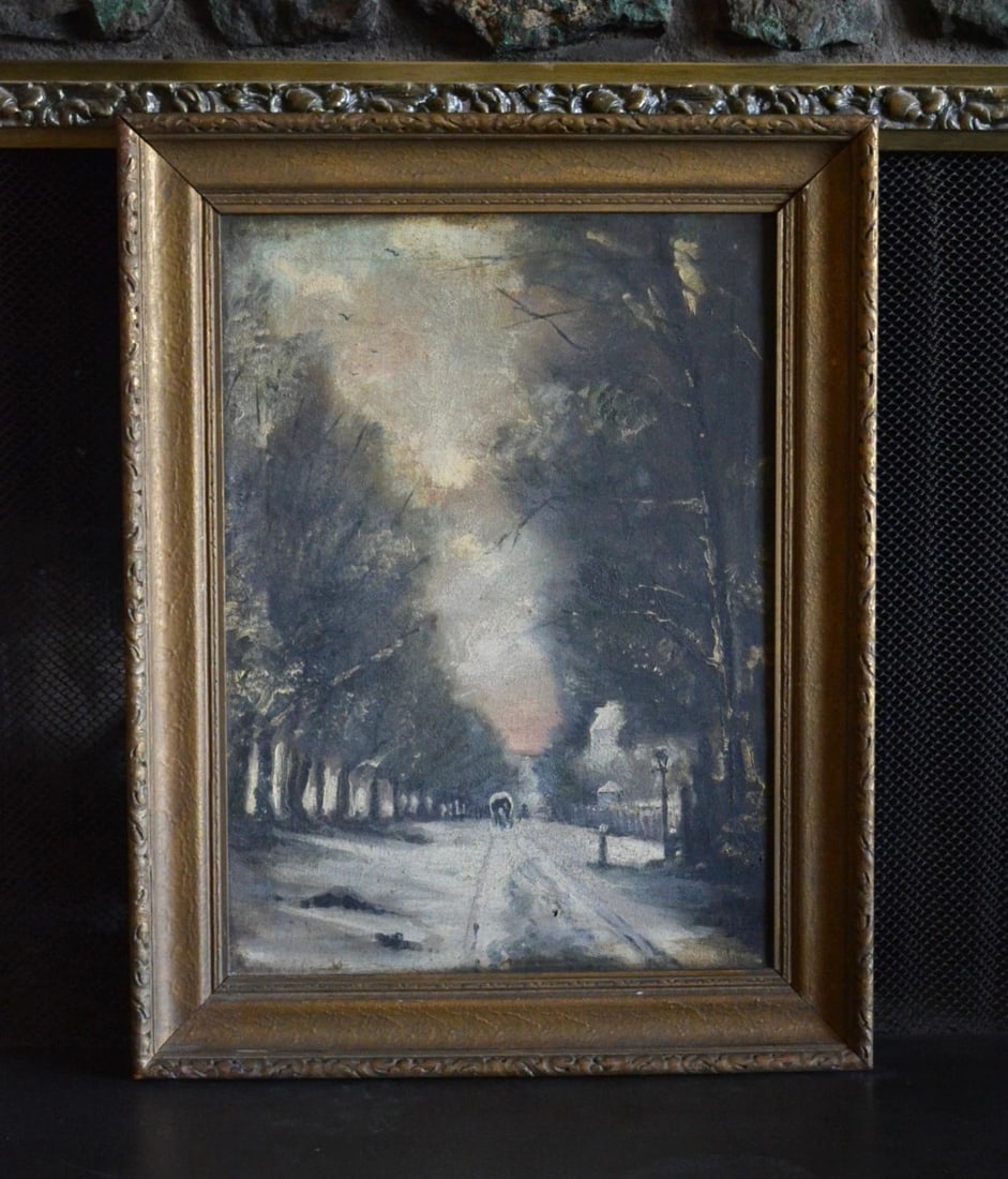 ANTIQUE OIL PAINTING - COVERED WAGON - SNOW TREE LINED LANE - SIGNED DATED 1900 (1 of 2)
