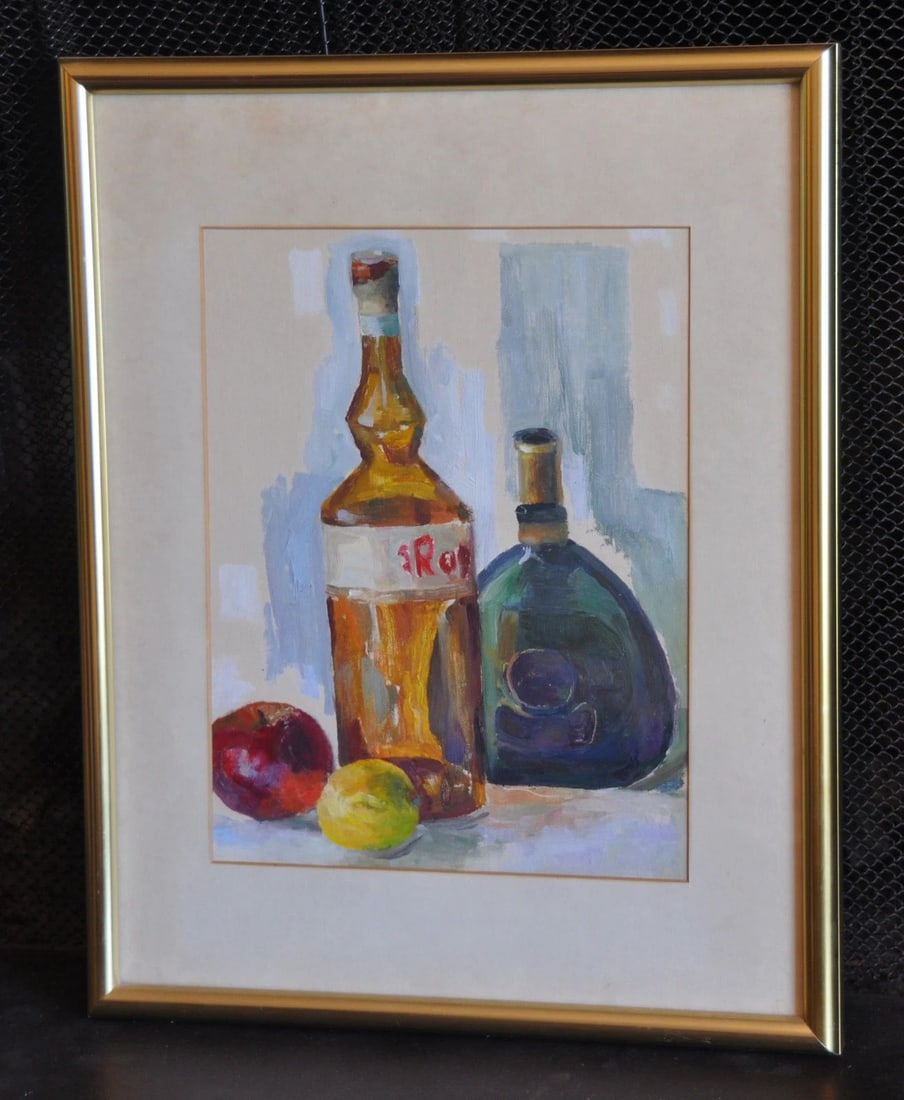 IRENA GRIEZE JONYNAS - STILL LIFE OIL PAINTING WINE BOTTLES FRUIT LITHUANIA: IRENA GRIEZE JONYNAS - STILL LIFE OIL PAINTING WINE BOTTLES FRUIT LITHUANIA Item Description: This original painting was done by Lithuanian artist Irena D. Grieze (Jonynas) 1931-2017. It is oil on wha