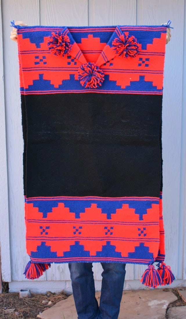 TRADITIONAL HANDWOVEN NAVAJO WOOL RUG DRESS - BIIL - BLUE RED BLACK - TASSLES (1 of 1)