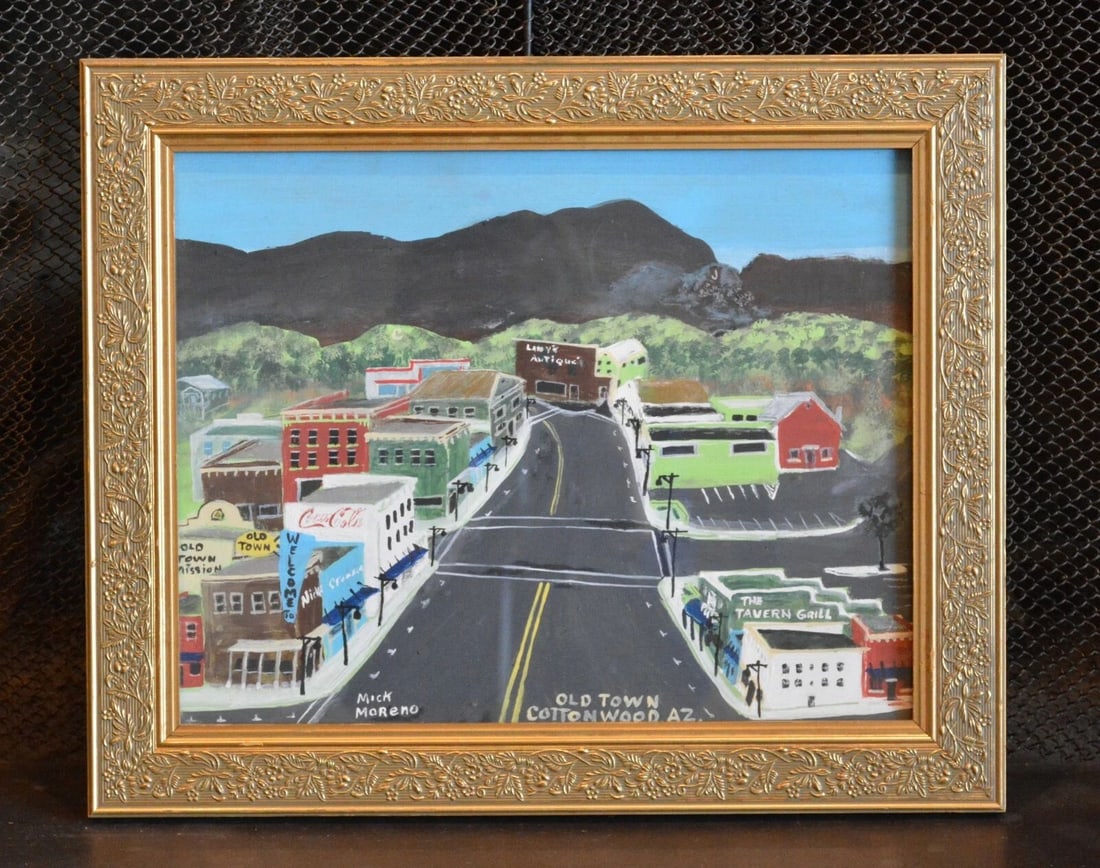 MICK MORENO - FOLK ART PAINTING OLD TOWN COTTONWOOD JEROME AZ CITYSCAPE - FRAMED (1 of 1)