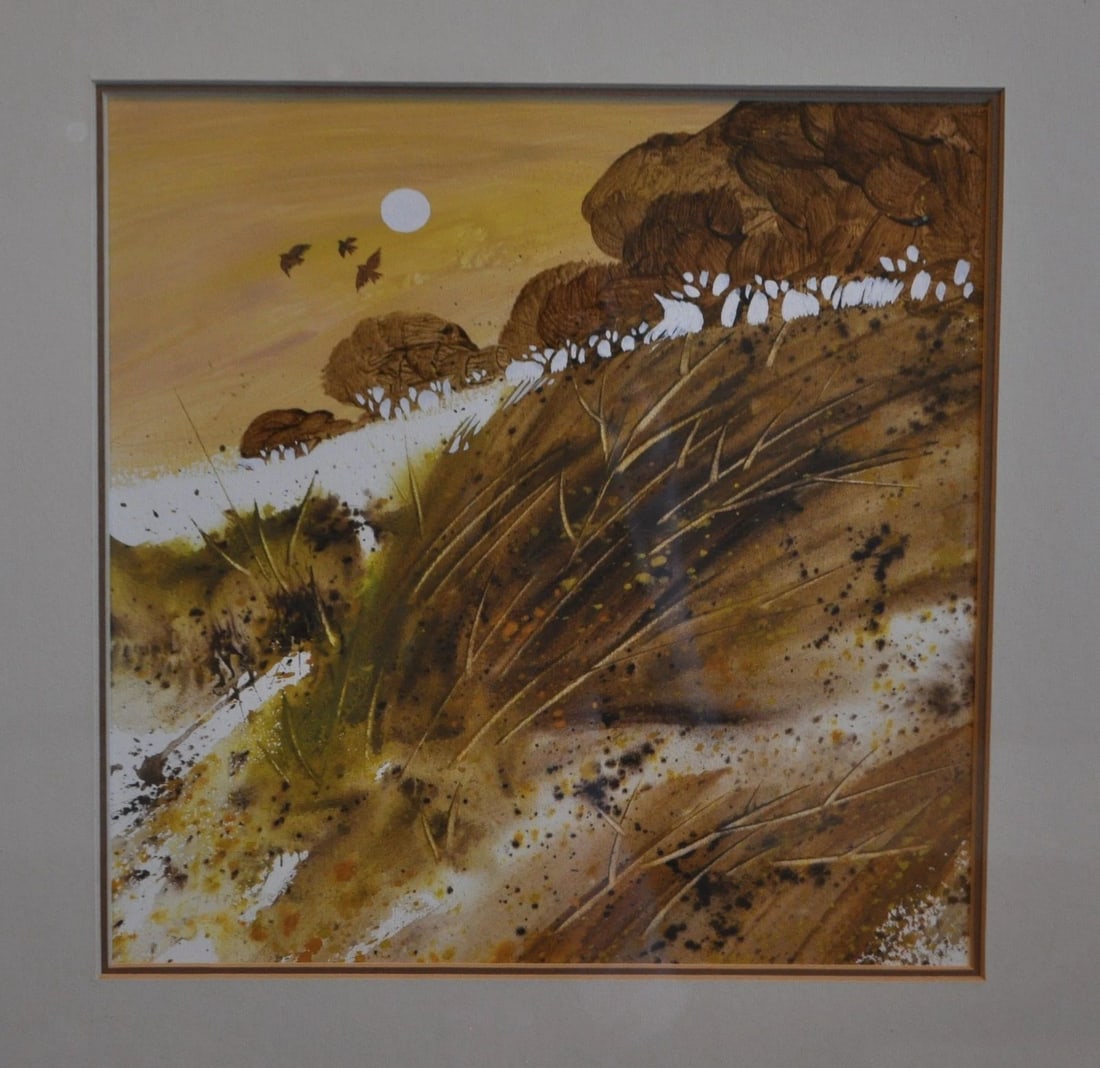 CALIFORNIA CANYON RIDGE LANDSCAPE - GOLDS BROWNS - ROBERT A FLEMING: CALIFORNIA CANYON RIDGE LANDSCAPE - GOLDS BROWNS - ROBERT A FLEMING Item Description: This original watercolor painting was done by California artist Robert A. Fleming. It shows a tree lined ridge, pr