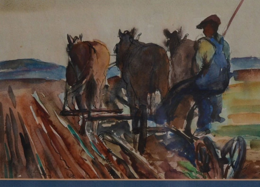 WATERCOLOR PAINTING - 1940S - FARMER PLOWING FIELD WITH MULES HORSES - FRAMED (1 of 2)