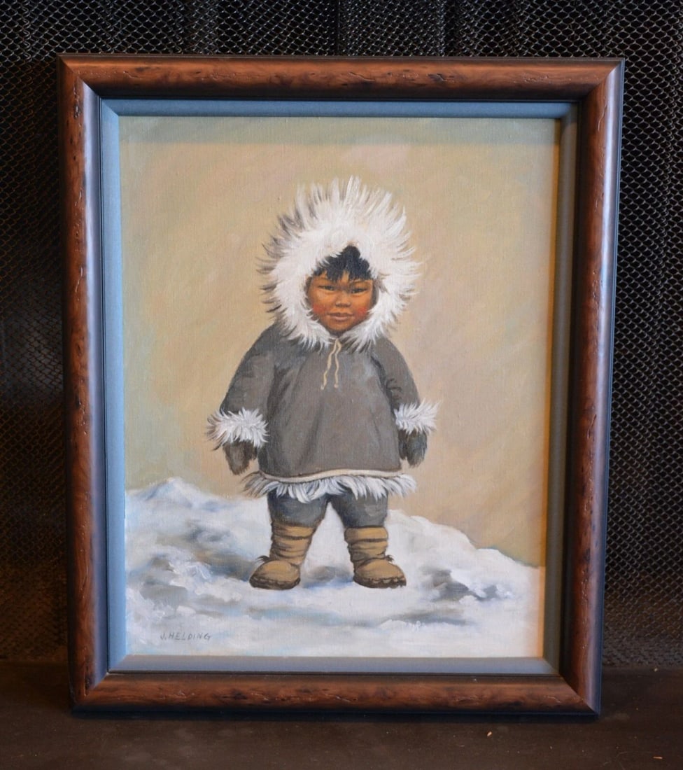 J. HELDING - VINTAGE OIL PAINTING ESKIMO CHILD IN FUR SEAL PARKA ALASKA (1 of 2)
