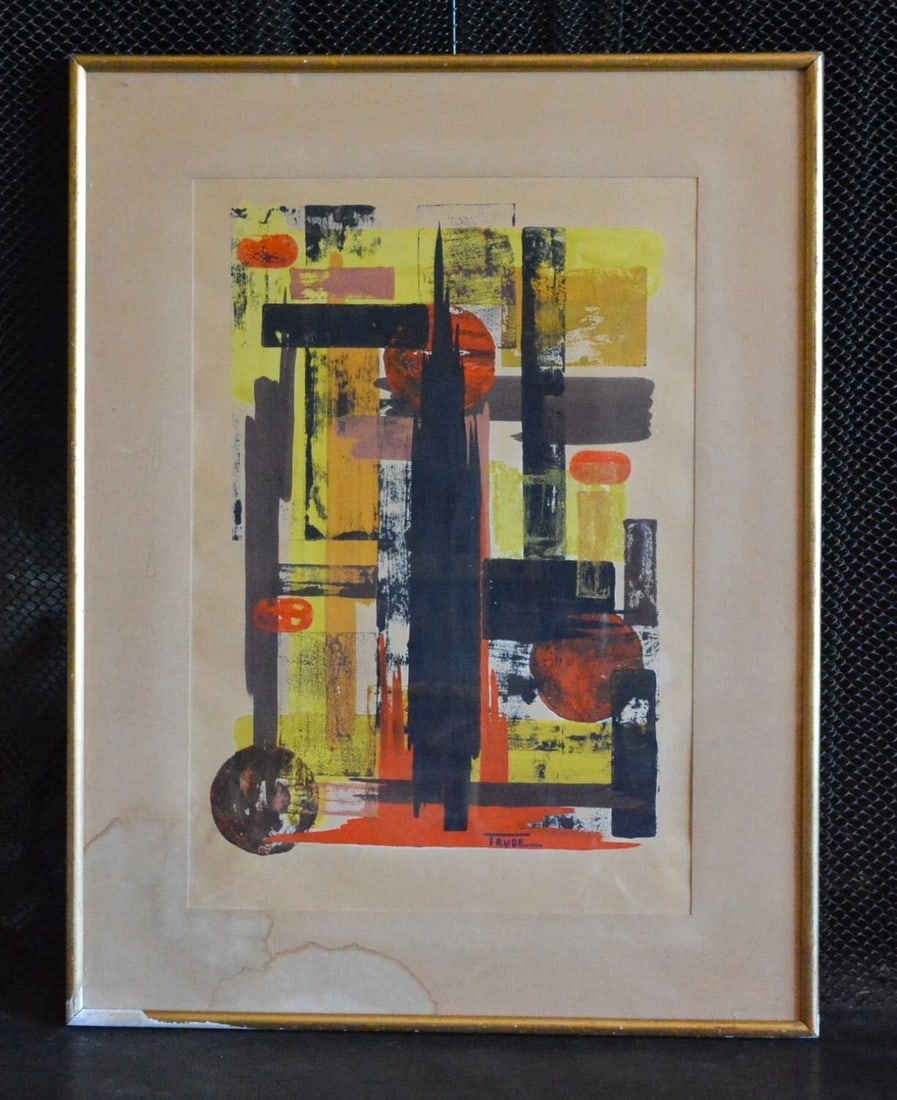 TRUDE - MID CENTURY ABSTRACT PAINTING - RED BLACK YELLOW: TRUDE - MID CENTURY ABSTRACT PAINTING - RED BLACK YELLOW This vintage abstract painting shows a combination of what looks to be "printed" blocks of color with painted lines of color. It is on paper an