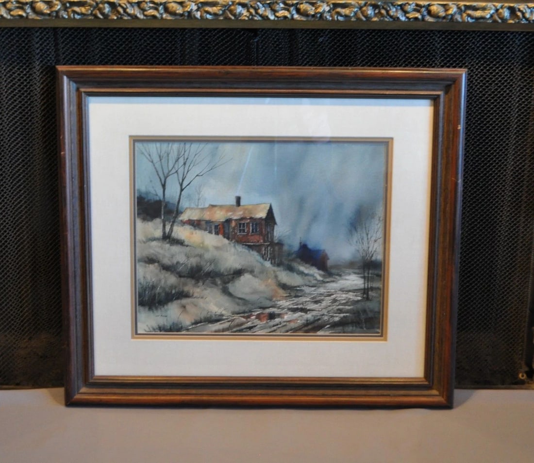ORIGINAL WATERCOLOR PAINTING - RAINY DAY LANDSCAPE - OLD SHACKS - JACK RICKARD (1 of 2)