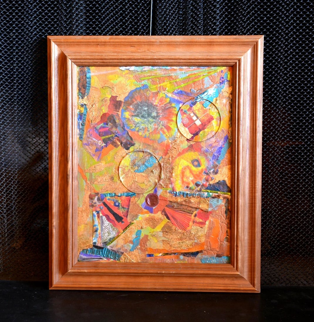 COLORFUL MIXED MEDIA COLLAGE - "GOLDEN RINGS" - JACQUELINE HERST PRESCOTT AZ. (1 of 2)