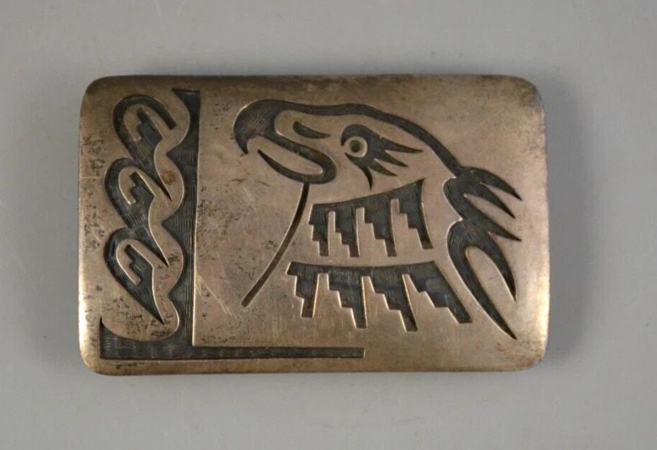 LARRY POLIVEMA - VINTAGE HOPI STERLING SILVER BELT BUCKLE - EAGLE - 3" X 2" (1 of 1)