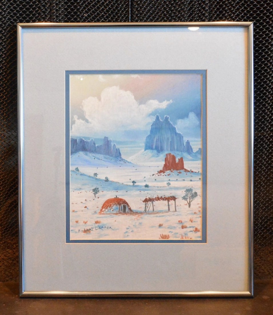 ROBERT DRAPER - NAVAJO ARTIST - WATERCOLOR PAINTING SHIPROCK N.M. HOGAN IN SNOW (1 of 2)