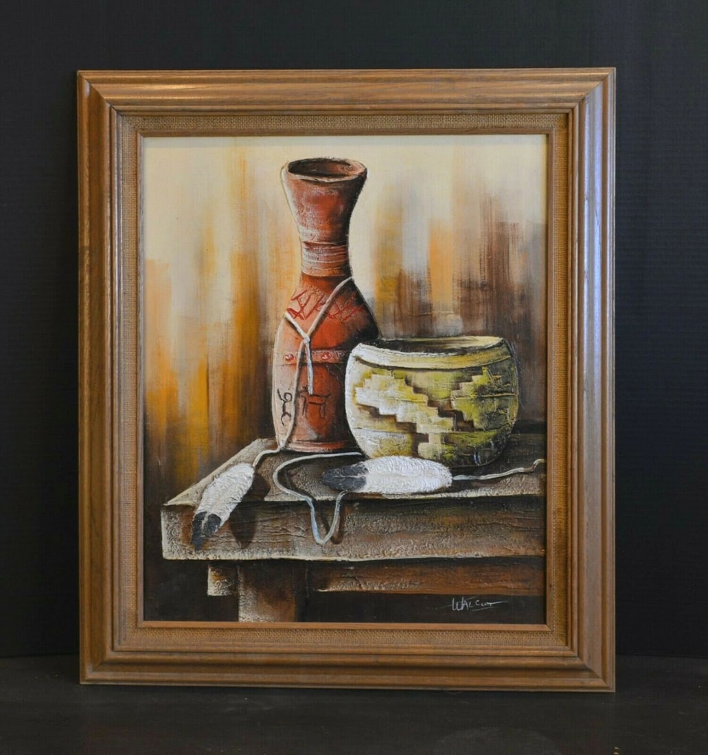 VTG STILL LIFE PAINTING - SOUTHWEST POTS FEATHERS - WARM HUES - FRANK WALCUTT (1 of 1)