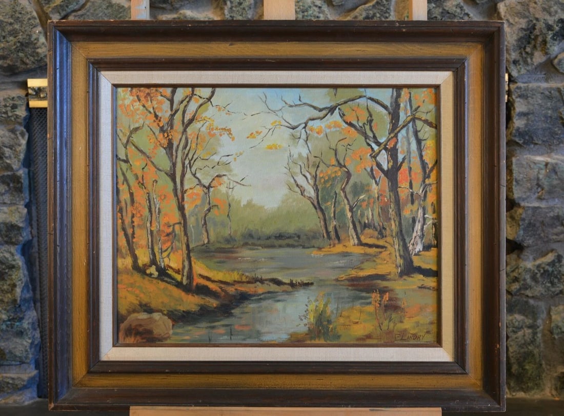 E. LANDRY - MID CENTURY LANDSCAPE PAINTING - CREEK IN WOODS IN FALL (1 of 1)