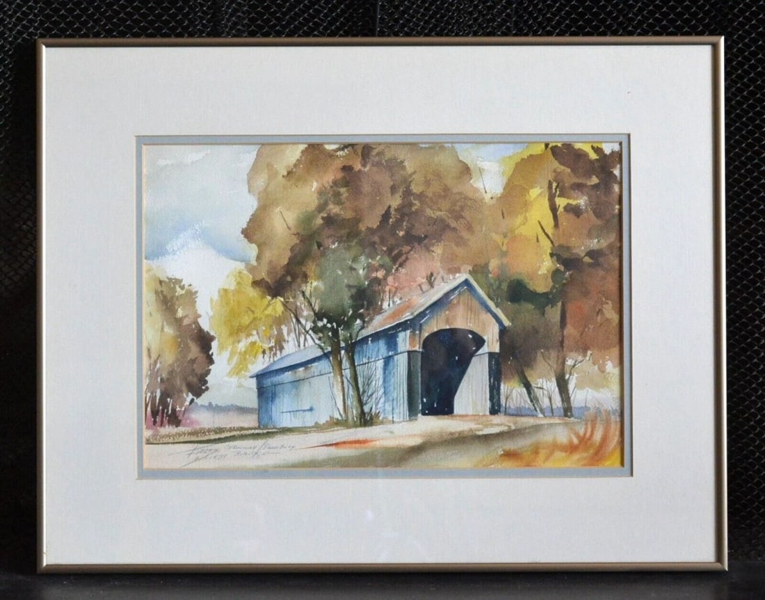 FIELD - WATERCOLOR PAINTING CORNWALL SALISBURY COVERED BRIDGE - VERMONT - FRAMED (1 of 2)